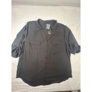 Torrid Button Down Blouse Women’s Size 4 3/4 Sleeve Top Black Shear 4X Workwear